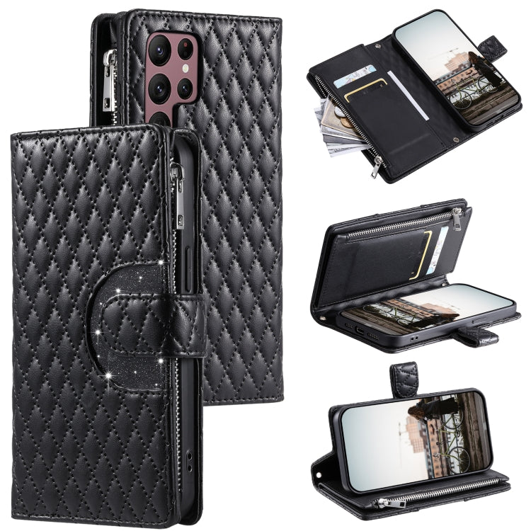 For Samsung Galaxy S25 Ultra 5G Glitter Lattice Zipper Wallet Leather Phone Case(Black) - Galaxy S25 Ultra 5G Cases by PMC TechLife | Online Shopping South Africa | PMC TechLife | Buy Now Pay Later Mobicred