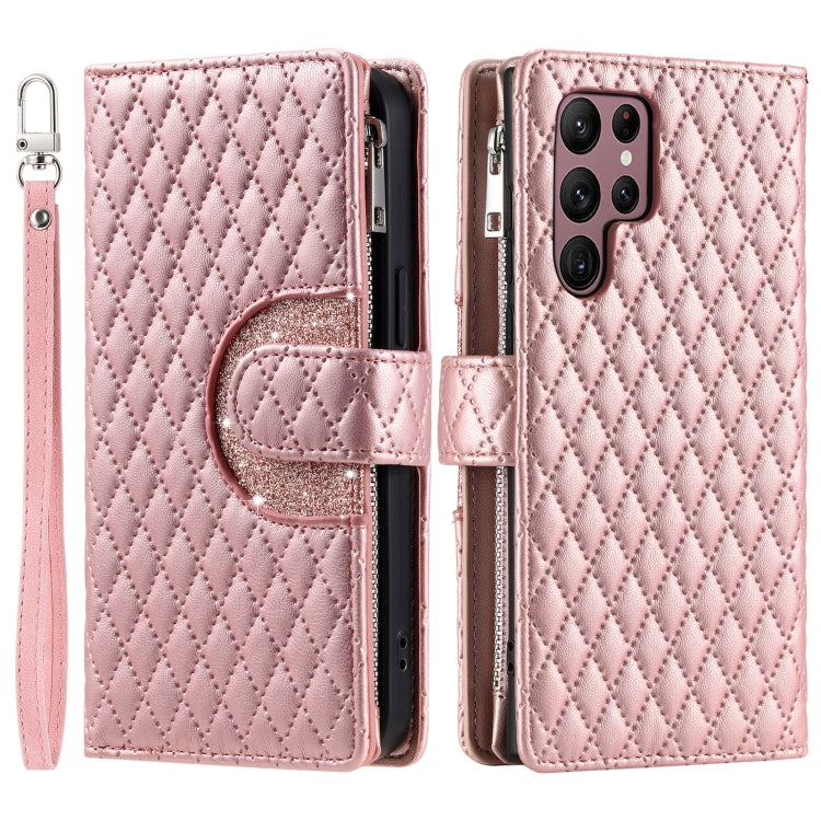 For Samsung Galaxy S25 Ultra 5G Glitter Lattice Zipper Wallet Leather Phone Case(Rose Gold) - Galaxy S25 Ultra 5G Cases by PMC TechLife | Online Shopping South Africa | PMC TechLife | Buy Now Pay Later Mobicred