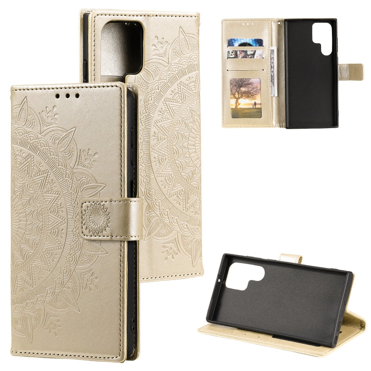 For Samsung Galaxy S25 Ultra 5G Totem Flower Embossed Leather Phone Case with Lanyard(Gold) - free shipping - PMC Jewellery - Order now!