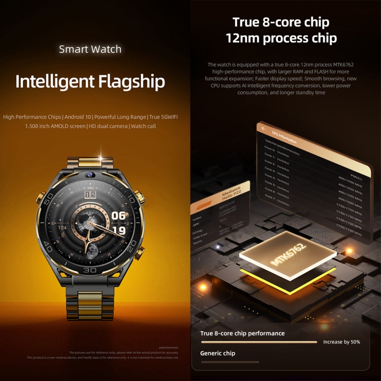 T7 1.508 inch 4G LTE Android 10 Smart Watch, 6GB+128GB, MTK6762 Octa Core, Support Heart Rate / Blood Oxygen(Gold) - Smart Watches by PMC TechLife | Online Shopping South Africa | PMC TechLife | Buy Now Pay Later Mobicred