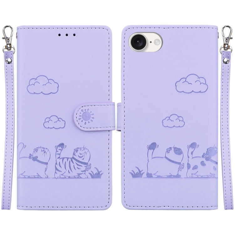For iPhone 16e Cute Cats RFID Leather Phone Case(Purple) - free shipping - PMC TechLife - Order now!