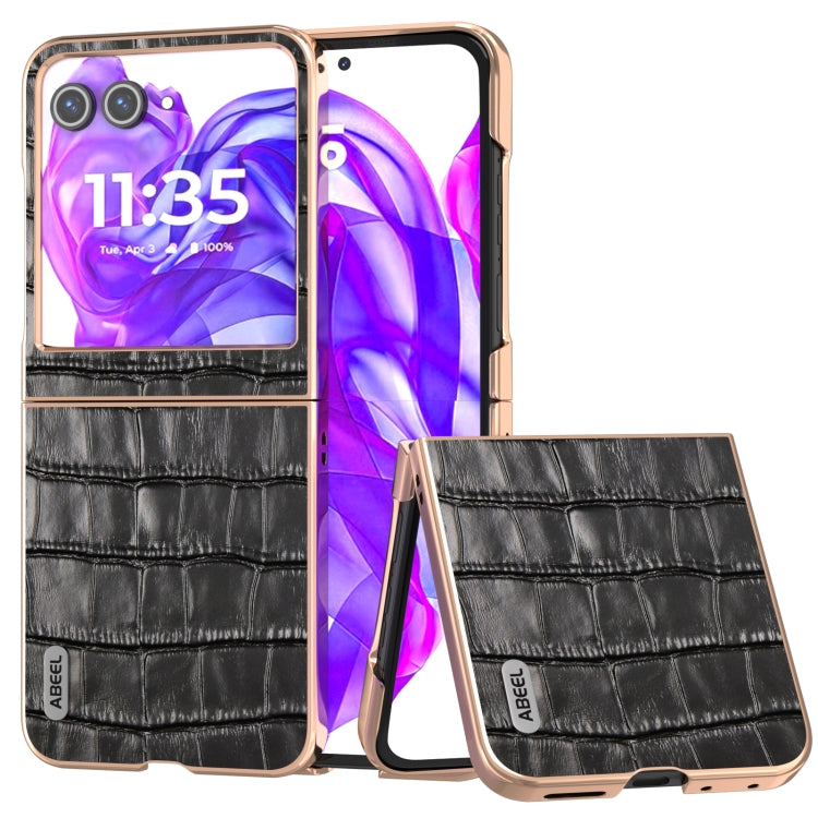 For Motorola Razr 50 ABEEL Electroplating Frame Crocodile Texture Genuine Leather Phone Case(Black) - Motorola Cases by PMC TechLife | Online Shopping South Africa | PMC TechLife | Buy Now Pay Later Mobicred