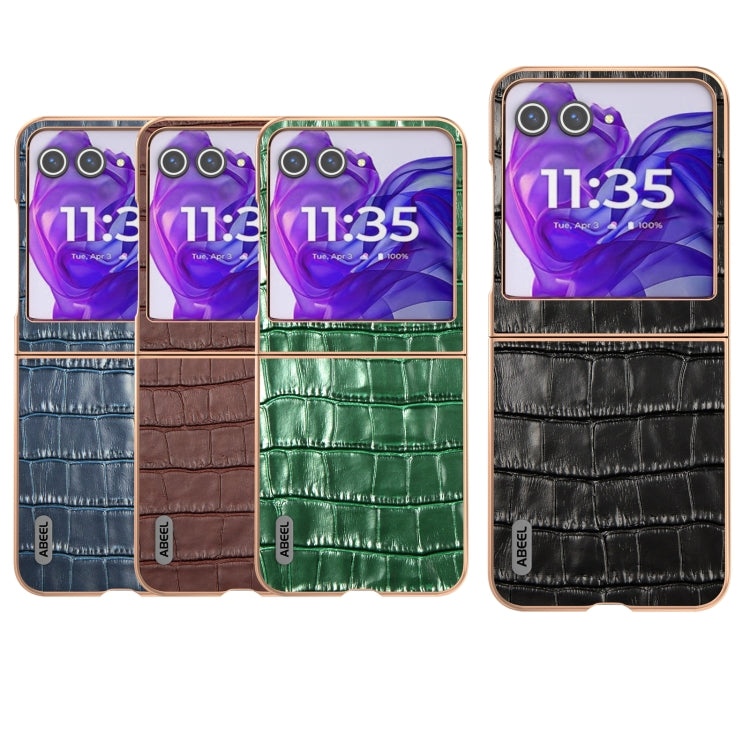 For Motorola Razr 50 ABEEL Electroplating Frame Crocodile Texture Genuine Leather Phone Case(Black) - Motorola Cases by PMC TechLife | Online Shopping South Africa | PMC TechLife | Buy Now Pay Later Mobicred