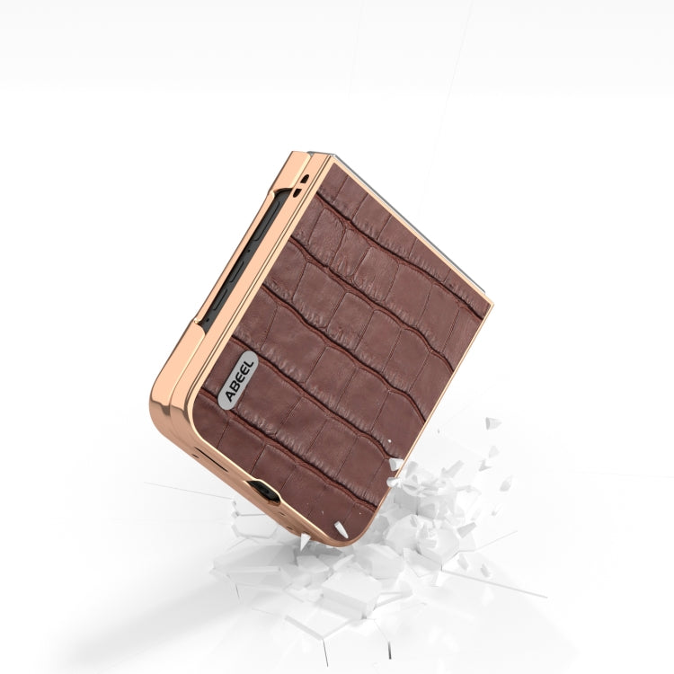 For Motorola Razr 50 ABEEL Electroplating Frame Crocodile Texture Genuine Leather Phone Case(Brown) - Motorola Cases by PMC TechLife | Online Shopping South Africa | PMC TechLife | Buy Now Pay Later Mobicred