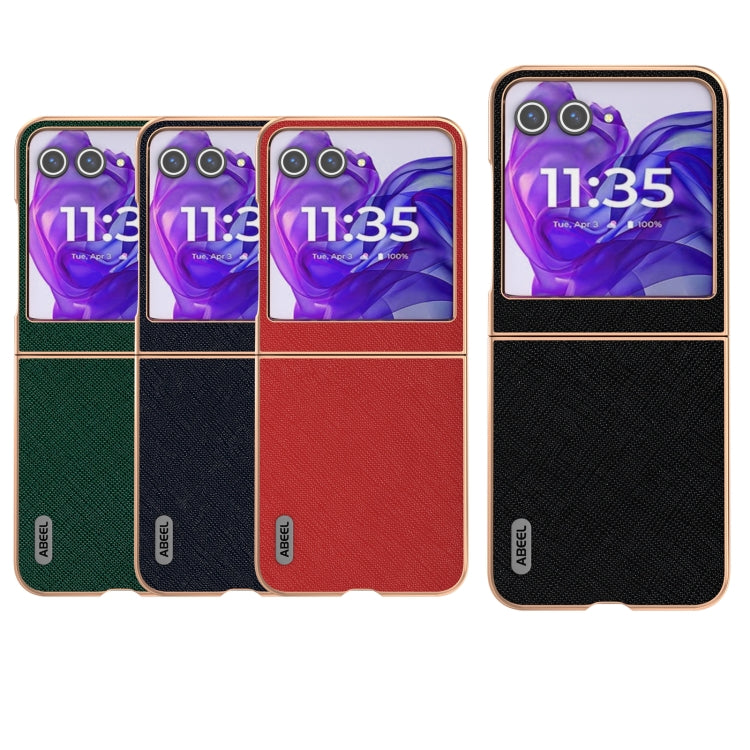 For Motorola Razr 50 ABEEL Electroplating Frame Cross Texture Genuine Leather Phone Case(Black) - Motorola Cases by PMC TechLife | Online Shopping South Africa | PMC TechLife | Buy Now Pay Later Mobicred