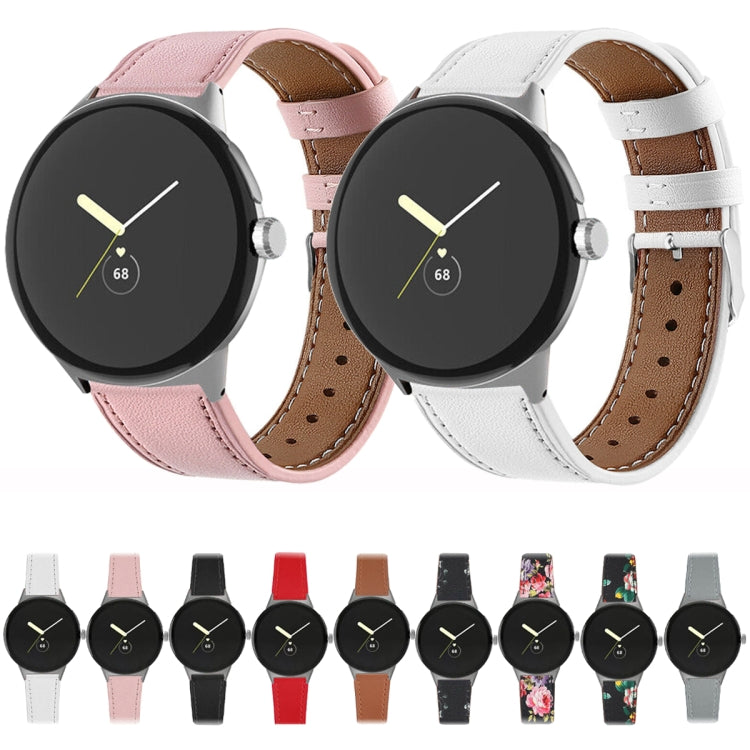 For Google Pixel Watch 3 45mm Round Tail Genuine Leather Watch Band(Black White Flower) - Watch Bands by PMc TechLife | Online Shopping South Africa | PMc TechLife | Buy Now Pay Later Mobicred