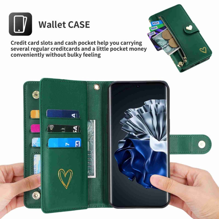For Huawei P60 Pro POLA Love Multi-Card Slots Zipper Wallet Leather Phone Case(Dark Green) - free shipping - PMC TechLife - Order now!
