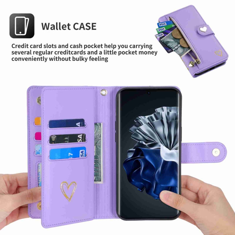 For Huawei P60 Pro POLA Love Multi-Card Slots Zipper Wallet Leather Phone Case(Purple) - free shipping - PMC TechLife - Order now!
