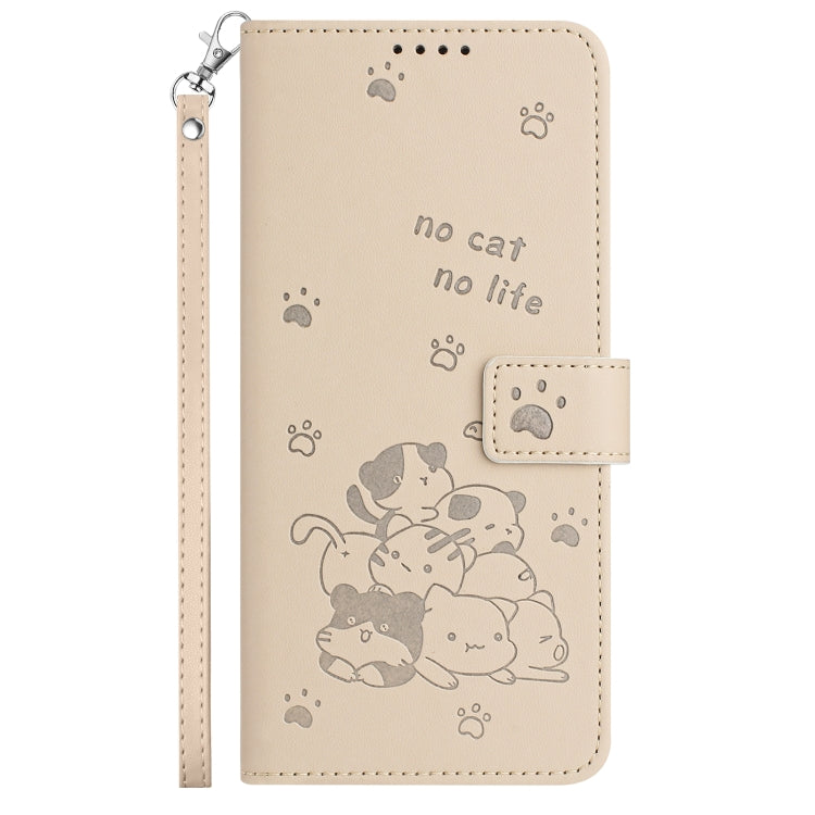 For iPhone 16e Embossed Kitten Phone Leather Case with Lanyard(Beige) - iPhone 16e Cases by PMC TechLife | Online Shopping South Africa | PMC TechLife | Buy Now Pay Later Mobicred