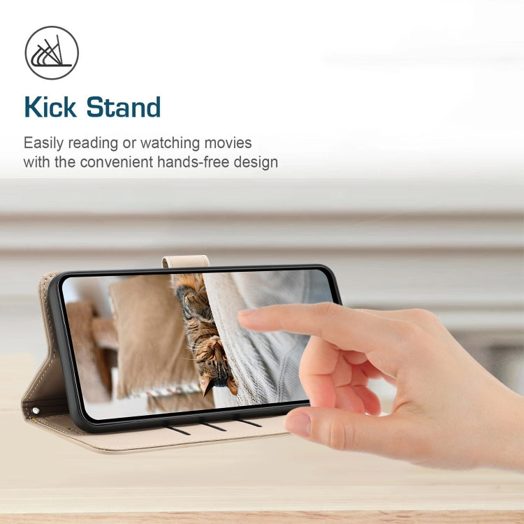 For iPhone 16e Embossed Kitten Phone Leather Case with Lanyard(Beige) - iPhone 16e Cases by PMC TechLife | Online Shopping South Africa | PMC TechLife | Buy Now Pay Later Mobicred