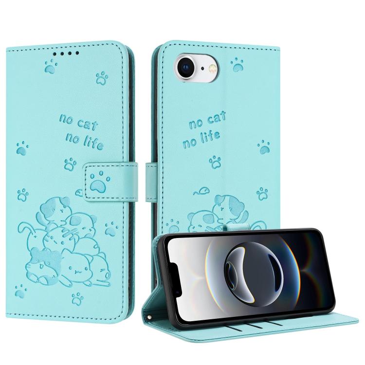 For iPhone 16e Embossed Kitten Phone Leather Case with Lanyard(Mint Green) - iPhone 16e Cases by PMC TechLife | Online Shopping South Africa | PMC TechLife | Buy Now Pay Later Mobicred