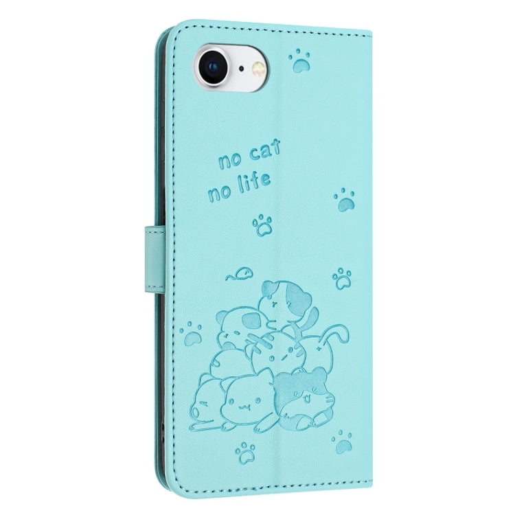 For iPhone 16e Embossed Kitten Phone Leather Case with Lanyard(Mint Green) - iPhone 16e Cases by PMC TechLife | Online Shopping South Africa | PMC TechLife | Buy Now Pay Later Mobicred