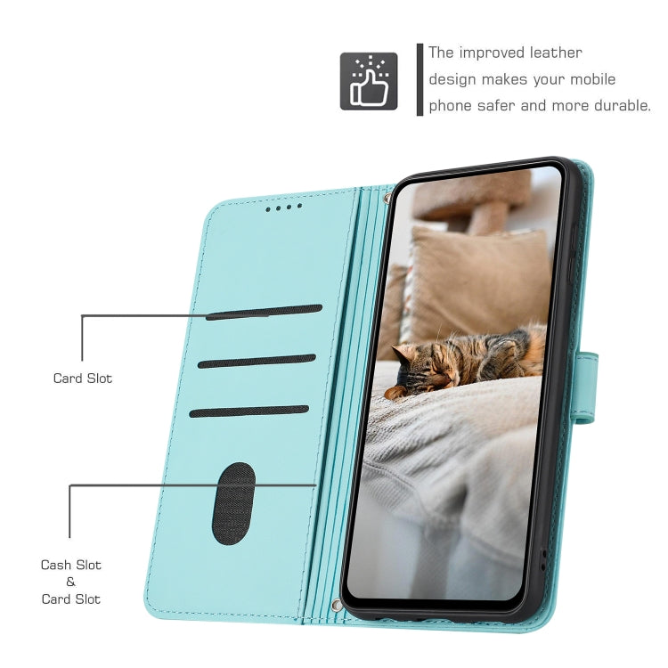 For iPhone 16e Embossed Kitten Phone Leather Case with Lanyard(Mint Green) - iPhone 16e Cases by PMC TechLife | Online Shopping South Africa | PMC TechLife | Buy Now Pay Later Mobicred