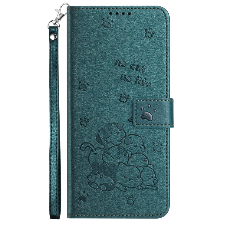For iPhone 16e Embossed Kitten Phone Leather Case with Lanyard(Dark Green) - iPhone 16e Cases by PMC TechLife | Online Shopping South Africa | PMC TechLife | Buy Now Pay Later Mobicred