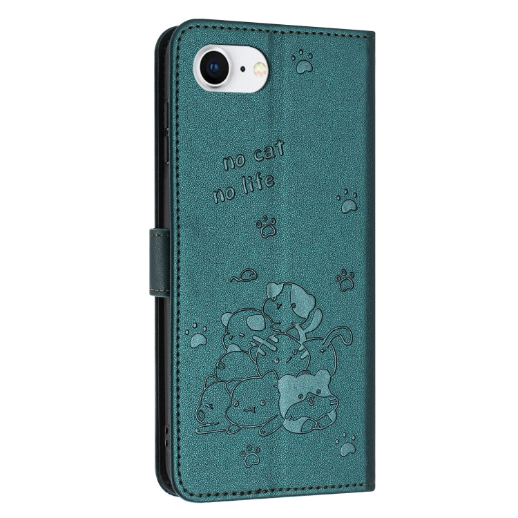For iPhone 16e Embossed Kitten Phone Leather Case with Lanyard(Dark Green) - iPhone 16e Cases by PMC TechLife | Online Shopping South Africa | PMC TechLife | Buy Now Pay Later Mobicred