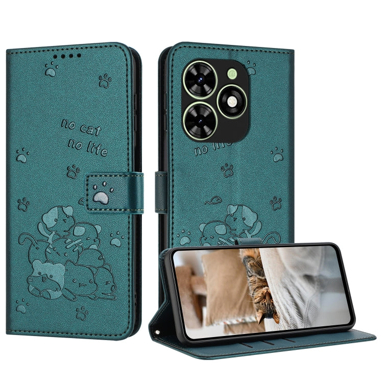 For Tecno Spark Go 2024 4G Embossed Kitten Phone Leather Case with Lanyard(Dark Green) - Tecno Cases by PMC Jewellery | Online Shopping South Africa | PMC Jewellery | Buy Now Pay Later Mobicred