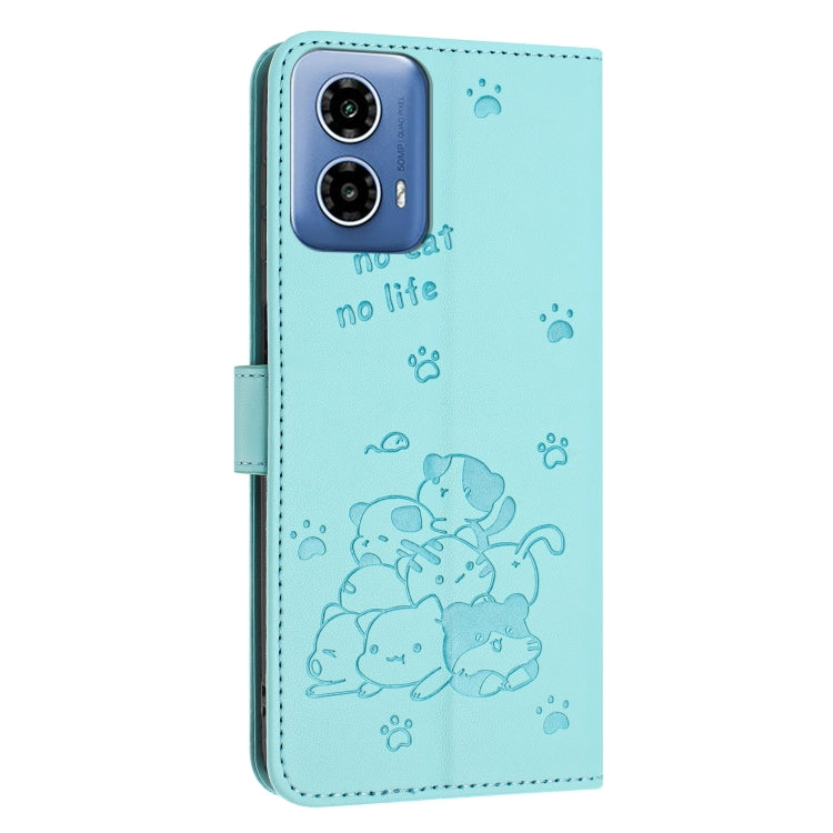 For Motorola Moto G 5G 2024 Embossed Kitten Phone Leather Case with Lanyard(Mint Green) - Motorola Cases by PMC Jewellery | Online Shopping South Africa | PMC Jewellery | Buy Now Pay Later Mobicred