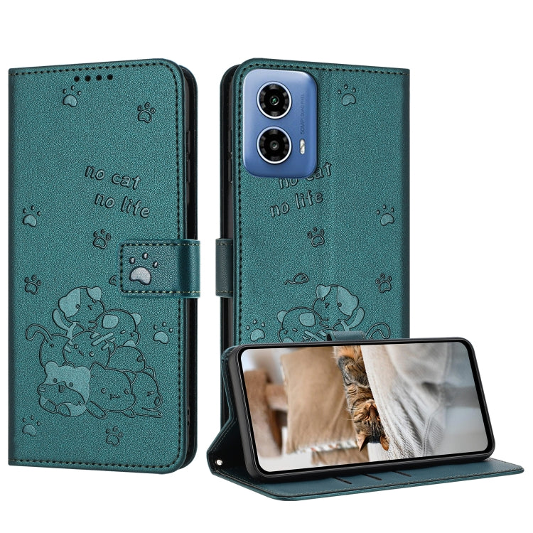 For Motorola Moto G 5G 2024 Embossed Kitten Phone Leather Case with Lanyard(Dark Green) - Motorola Cases by PMC Jewellery | Online Shopping South Africa | PMC Jewellery | Buy Now Pay Later Mobicred