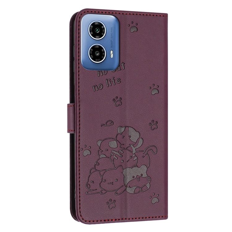 For Motorola Moto G 5G 2024 Embossed Kitten Phone Leather Case with Lanyard(Wine Red) - Motorola Cases by PMC Jewellery | Online Shopping South Africa | PMC Jewellery | Buy Now Pay Later Mobicred