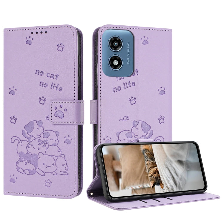 For Motorola Moto G Play 4G 2024 Embossed Kitten Phone Leather Case with Lanyard(Purple) - Motorola Cases by PMC Jewellery | Online Shopping South Africa | PMC Jewellery | Buy Now Pay Later Mobicred