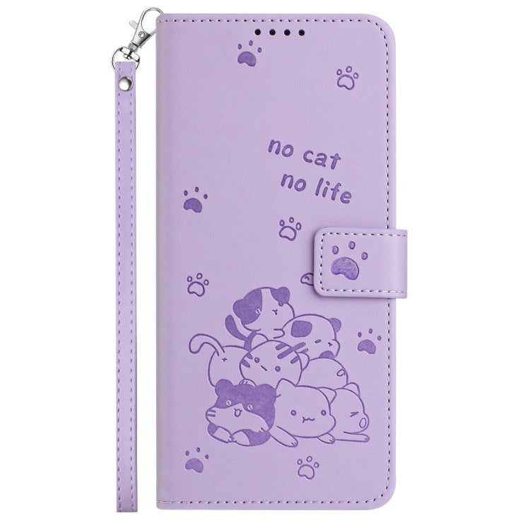 For Motorola Moto G Play 4G 2024 Embossed Kitten Phone Leather Case with Lanyard(Purple) - Motorola Cases by PMC Jewellery | Online Shopping South Africa | PMC Jewellery | Buy Now Pay Later Mobicred