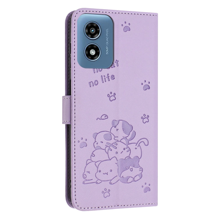 For Motorola Moto G Play 4G 2024 Embossed Kitten Phone Leather Case with Lanyard(Purple) - Motorola Cases by PMC Jewellery | Online Shopping South Africa | PMC Jewellery | Buy Now Pay Later Mobicred