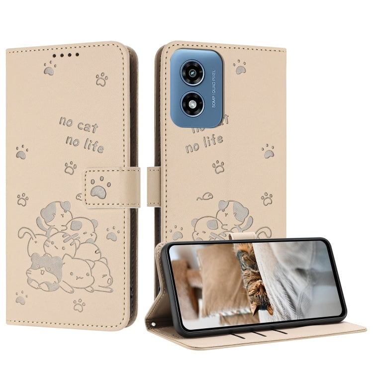 For Motorola Moto G Play 4G 2024 Embossed Kitten Phone Leather Case with Lanyard(Beige) - Motorola Cases by PMC Jewellery | Online Shopping South Africa | PMC Jewellery | Buy Now Pay Later Mobicred