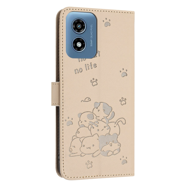 For Motorola Moto G Play 4G 2024 Embossed Kitten Phone Leather Case with Lanyard(Beige) - Motorola Cases by PMC Jewellery | Online Shopping South Africa | PMC Jewellery | Buy Now Pay Later Mobicred