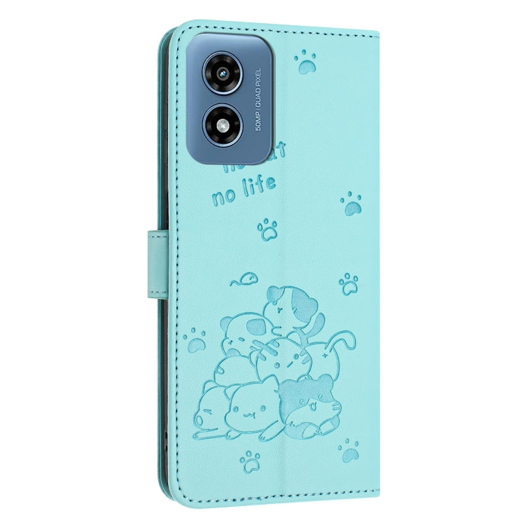 For Motorola Moto G Play 4G 2024 Embossed Kitten Phone Leather Case with Lanyard(Mint Green) - Motorola Cases by PMC Jewellery | Online Shopping South Africa | PMC Jewellery | Buy Now Pay Later Mobicred