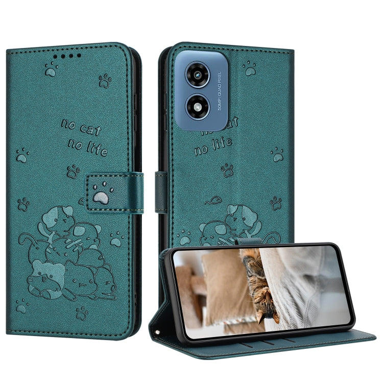 For Motorola Moto G Play 4G 2024 Embossed Kitten Phone Leather Case with Lanyard(Dark Green) - Motorola Cases by PMC Jewellery | Online Shopping South Africa | PMC Jewellery | Buy Now Pay Later Mobicred
