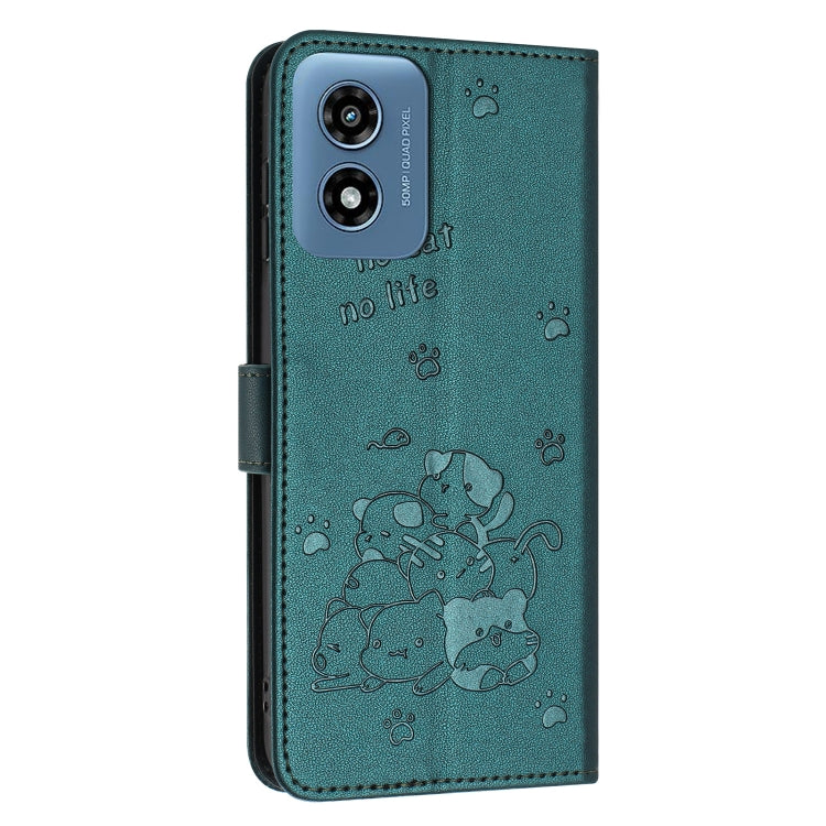 For Motorola Moto G Play 4G 2024 Embossed Kitten Phone Leather Case with Lanyard(Dark Green) - Motorola Cases by PMC Jewellery | Online Shopping South Africa | PMC Jewellery | Buy Now Pay Later Mobicred