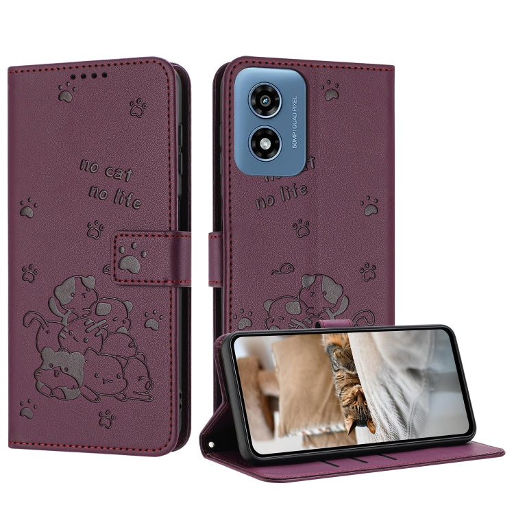 For Motorola Moto G Play 4G 2024 Embossed Kitten Phone Leather Case with Lanyard(Wine Red) - Motorola Cases by PMC Jewellery | Online Shopping South Africa | PMC Jewellery | Buy Now Pay Later Mobicred