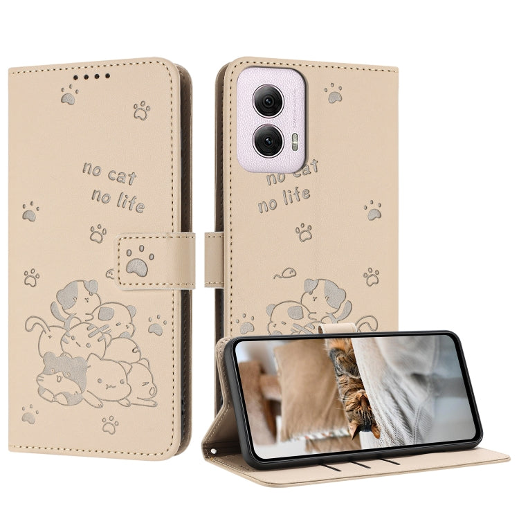 For Motorola Moto G Power 5G 2024 Embossed Kitten Phone Leather Case with Lanyard(Beige) - Motorola Cases by PMC Jewellery | Online Shopping South Africa | PMC Jewellery | Buy Now Pay Later Mobicred