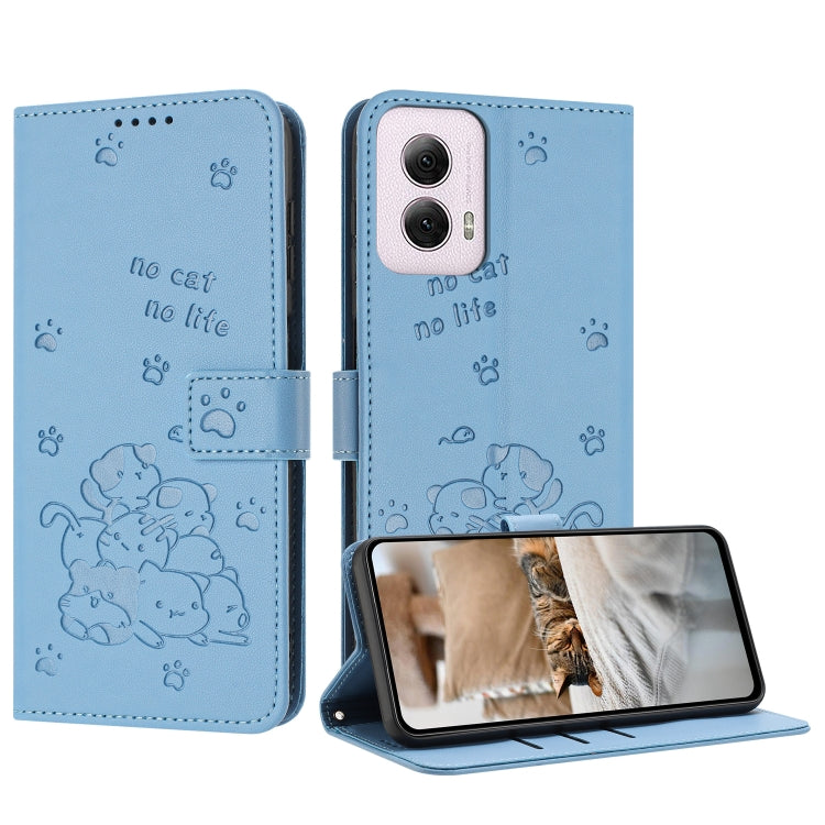 For Motorola Moto G Power 5G 2024 Embossed Kitten Phone Leather Case with Lanyard(Blue) - Motorola Cases by PMC Jewellery | Online Shopping South Africa | PMC Jewellery | Buy Now Pay Later Mobicred