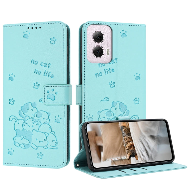 For Motorola Moto G Power 5G 2024 Embossed Kitten Phone Leather Case with Lanyard(Mint Green) - Motorola Cases by PMC Jewellery | Online Shopping South Africa | PMC Jewellery | Buy Now Pay Later Mobicred