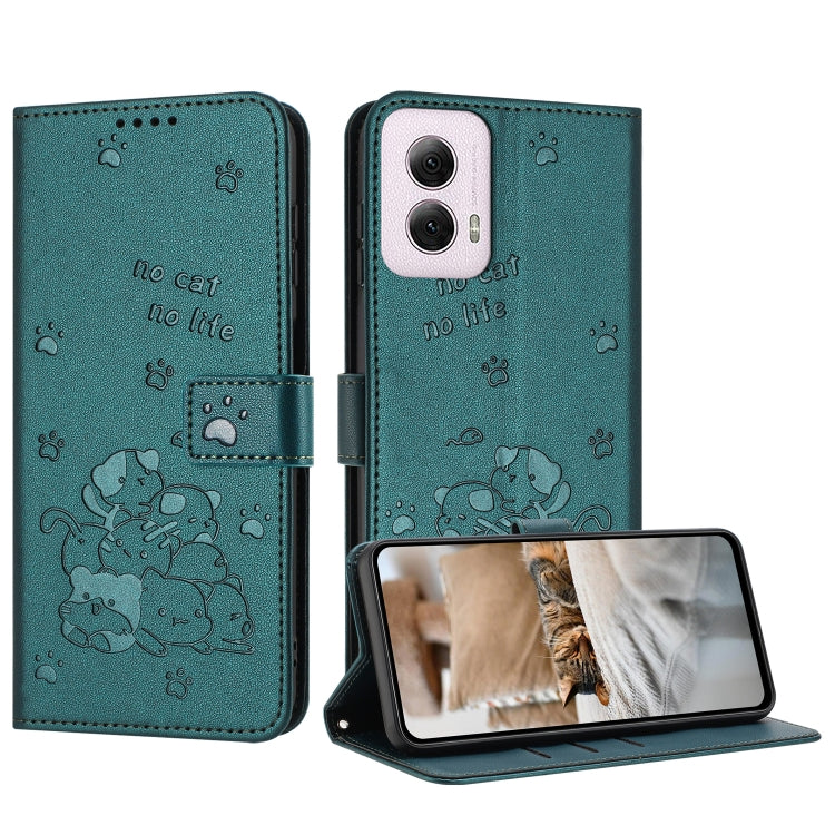 For Motorola Moto G Power 5G 2024 Embossed Kitten Phone Leather Case with Lanyard(Dark Green) - Motorola Cases by PMC Jewellery | Online Shopping South Africa | PMC Jewellery | Buy Now Pay Later Mobicred