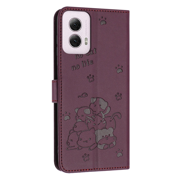 For Motorola Moto G Power 5G 2024 Embossed Kitten Phone Leather Case with Lanyard(Wine Red) - Motorola Cases by PMC Jewellery | Online Shopping South Africa | PMC Jewellery | Buy Now Pay Later Mobicred