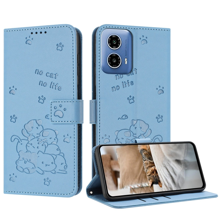 For Motorola Moto G Stylus 5G 2024 Embossed Kitten Phone Leather Case with Lanyard(Blue) - Motorola Cases by PMC Jewellery | Online Shopping South Africa | PMC Jewellery | Buy Now Pay Later Mobicred