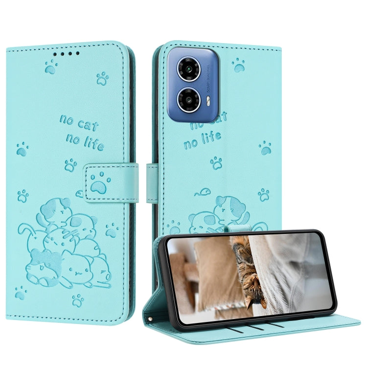 For Motorola Moto G Stylus 5G 2024 Embossed Kitten Phone Leather Case with Lanyard(Mint Green) - Motorola Cases by PMC Jewellery | Online Shopping South Africa | PMC Jewellery | Buy Now Pay Later Mobicred