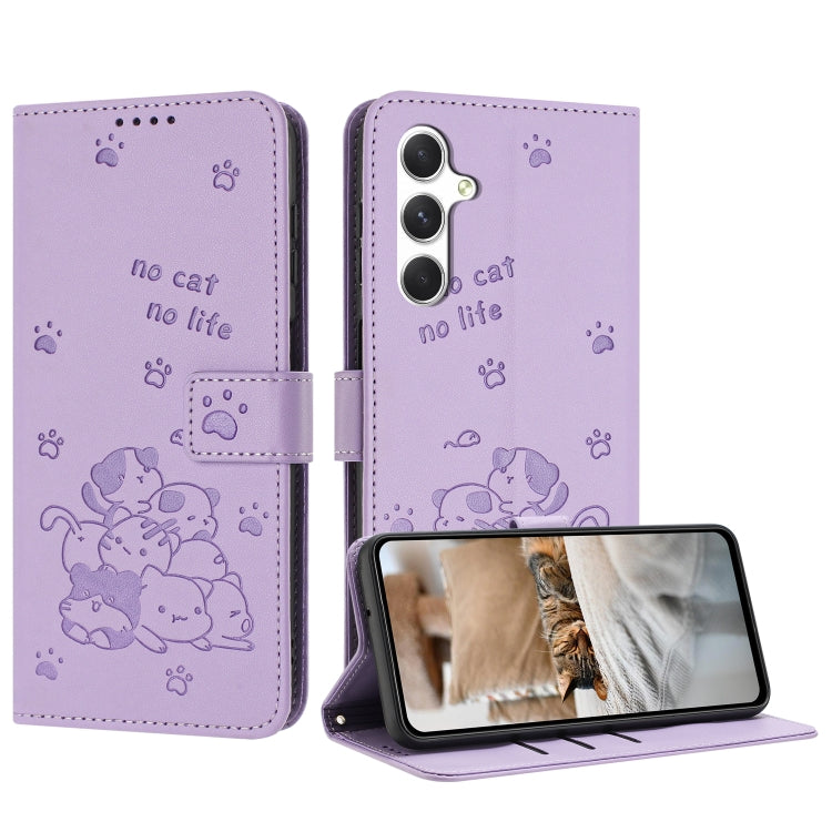 For Samsung Galaxy S25+ / S24+ 5G Embossed Kitten Phone Leather Case with Lanyard(Purple) - Galaxy S24+ 5G Cases by PMC TechLife | Online Shopping South Africa | PMC TechLife | Buy Now Pay Later Mobicred