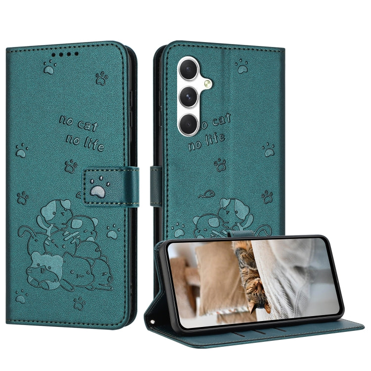 For Samsung Galaxy S25 / S24 5G Embossed Kitten Phone Leather Case with Lanyard(Dark Green) - Galaxy S24 5G Cases by PMC TechLife | Online Shopping South Africa | PMC TechLife | Buy Now Pay Later Mobicred