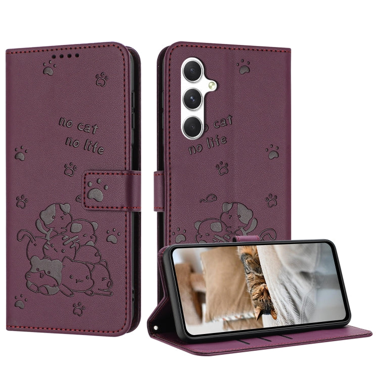 For Samsung Galaxy S25 / S24 5G Embossed Kitten Phone Leather Case with Lanyard(Wine Red) - Galaxy S24 5G Cases by PMC TechLife | Online Shopping South Africa | PMC TechLife | Buy Now Pay Later Mobicred