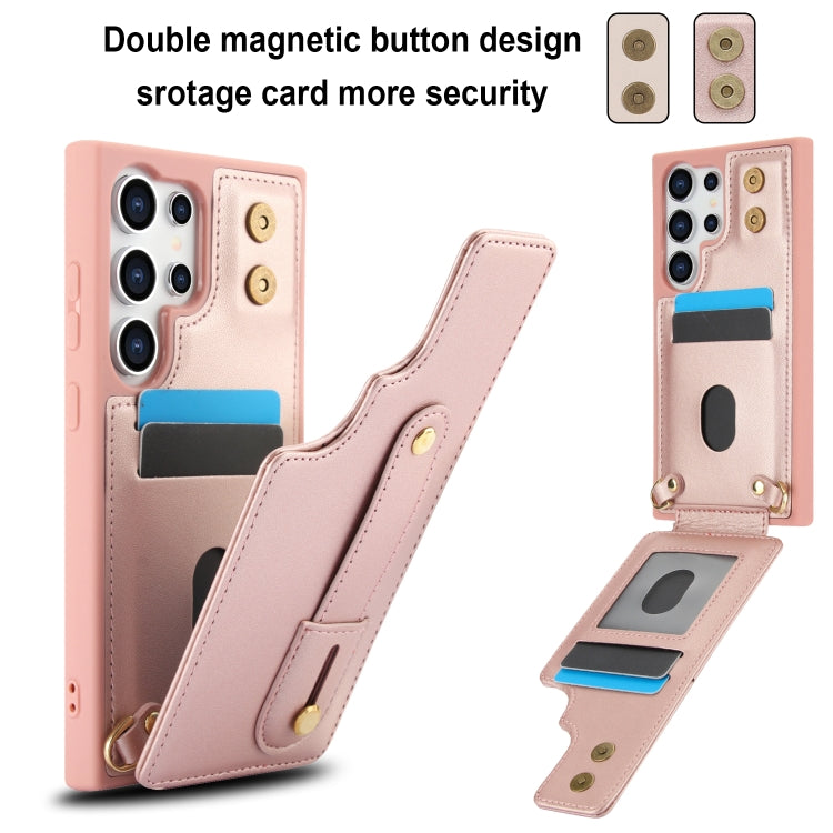 For Samsung Galaxy S25 Ultra 5G Wristband Vertical Flip Wallet Back Cover Phone Case with Long Lanyard(Rose Gold) - Galaxy S25 Ultra 5G Cases by PMC TechLife | Online Shopping South Africa | PMC TechLife | Buy Now Pay Later Mobicred