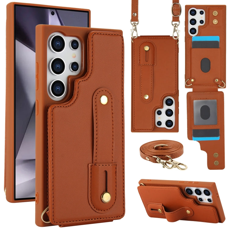 For Samsung Galaxy S25 Ultra 5G Wristband Vertical Flip Wallet Back Cover Phone Case with Long Lanyard(Brown) - Galaxy S25 Ultra 5G Cases by PMC TechLife | Online Shopping South Africa | PMC TechLife | Buy Now Pay Later Mobicred