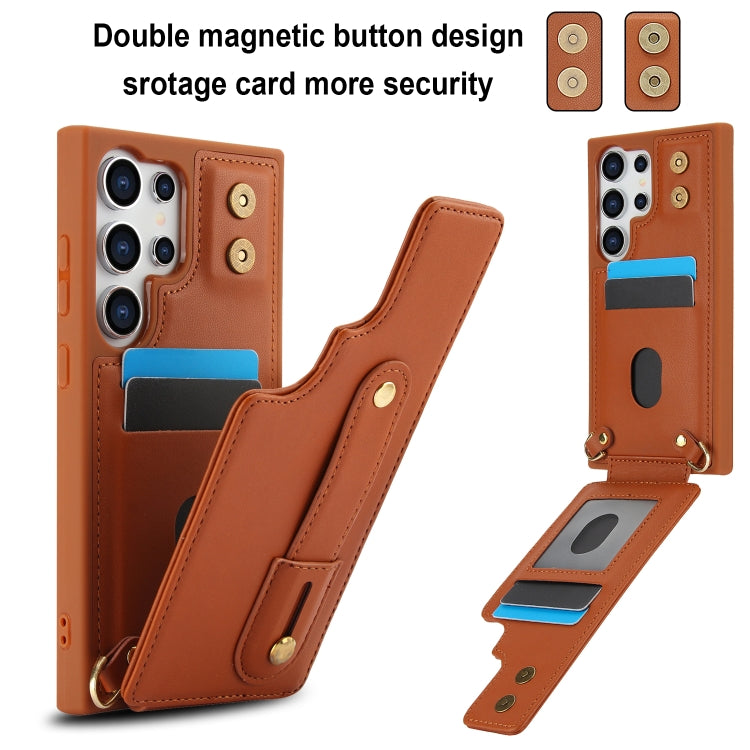 For Samsung Galaxy S25 Ultra 5G Wristband Vertical Flip Wallet Back Cover Phone Case with Long Lanyard(Brown) - Galaxy S25 Ultra 5G Cases by PMC TechLife | Online Shopping South Africa | PMC TechLife | Buy Now Pay Later Mobicred