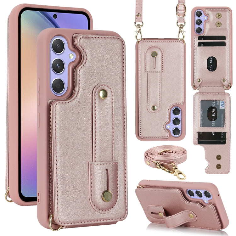 For Samsung Galaxy S25+ 5G Wristband Vertical Flip Wallet Back Cover Phone Case with Long Lanyard(Rose Gold) - Galaxy S25+ 5G Cases by PMC TechLife | Online Shopping South Africa | PMC TechLife | Buy Now Pay Later Mobicred