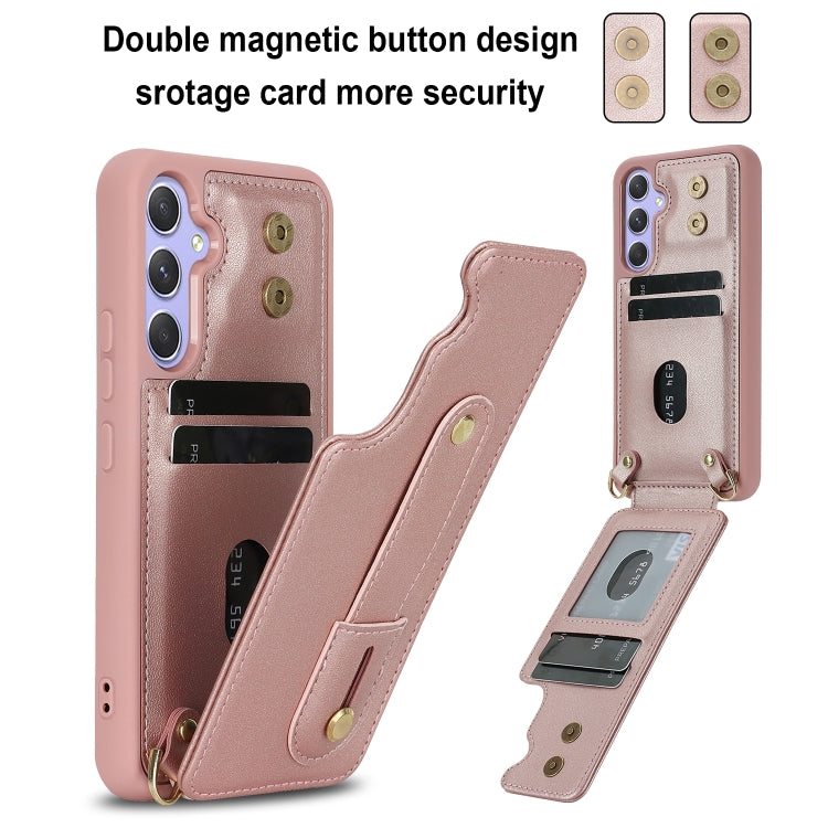 For Samsung Galaxy S25+ 5G Wristband Vertical Flip Wallet Back Cover Phone Case with Long Lanyard(Rose Gold) - Galaxy S25+ 5G Cases by PMC TechLife | Online Shopping South Africa | PMC TechLife | Buy Now Pay Later Mobicred