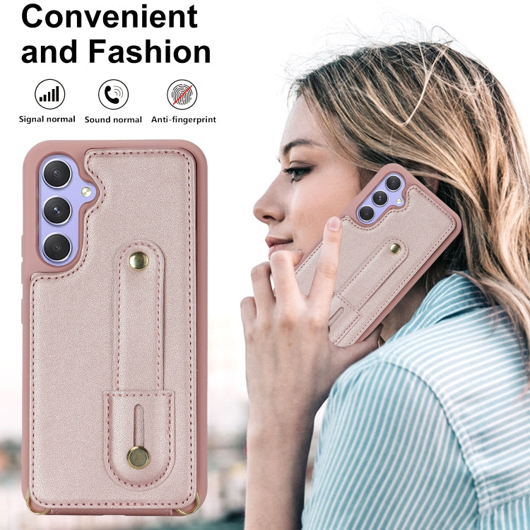 For Samsung Galaxy S25+ 5G Wristband Vertical Flip Wallet Back Cover Phone Case with Long Lanyard(Rose Gold) - Galaxy S25+ 5G Cases by PMC TechLife | Online Shopping South Africa | PMC TechLife | Buy Now Pay Later Mobicred