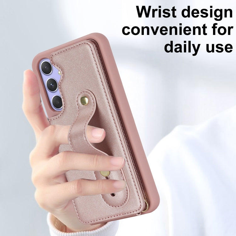 For Samsung Galaxy S25+ 5G Wristband Vertical Flip Wallet Back Cover Phone Case with Long Lanyard(Rose Gold) - Galaxy S25+ 5G Cases by PMC TechLife | Online Shopping South Africa | PMC TechLife | Buy Now Pay Later Mobicred