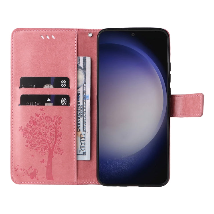 For Samsung Galaxy S25 / S24 5G Tree & Cat Embossed Pattern Flip Leather Phone Case(Pink) - free shipping - PMC Jewellery - Order now!